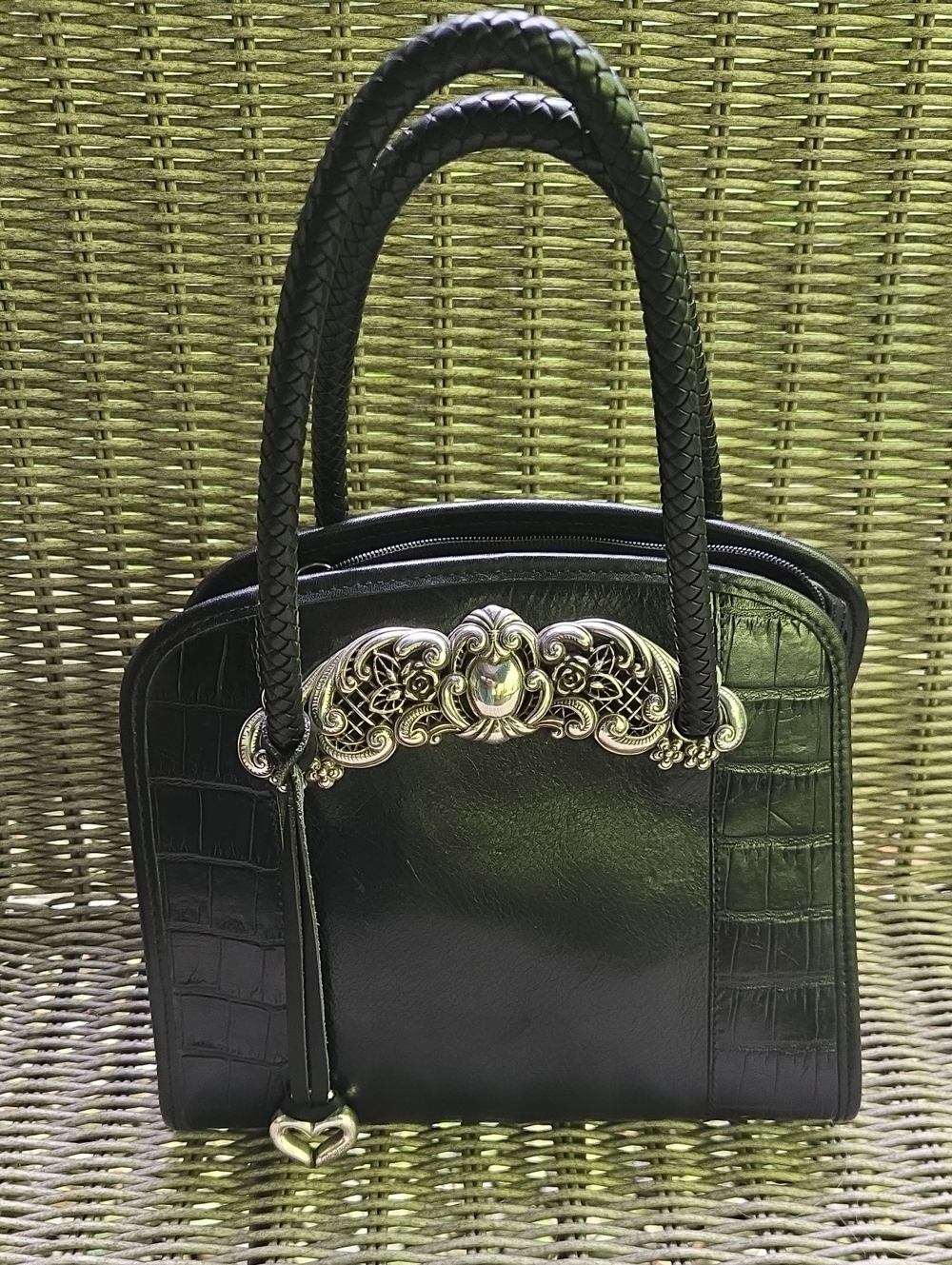 Brighton Black Leather Satchel with Ornate Silver-Tone Accent